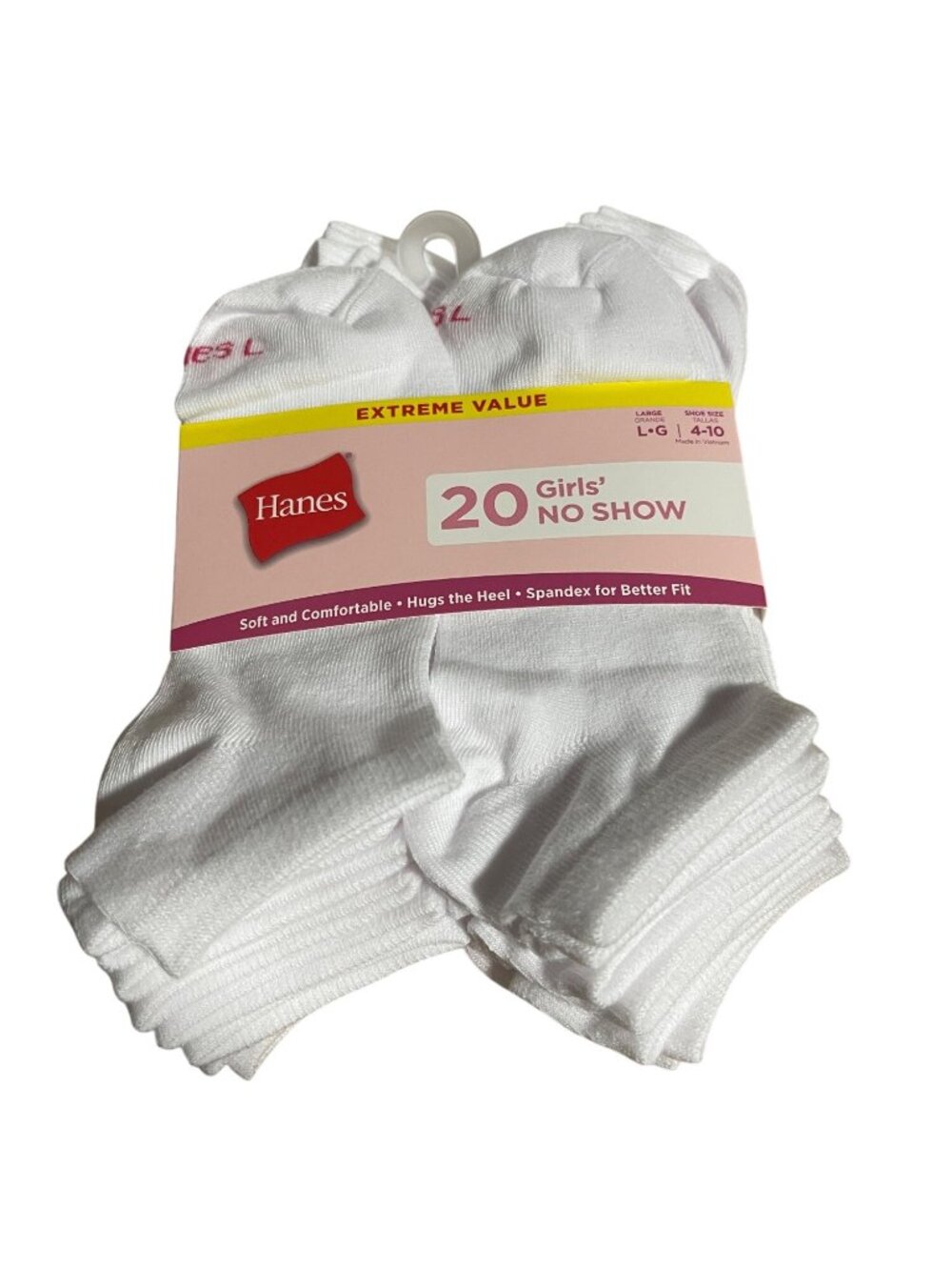 Hanes No Show Socks 20 Pack Shoe Size 4-10 Soft White Lightweight Comfort
